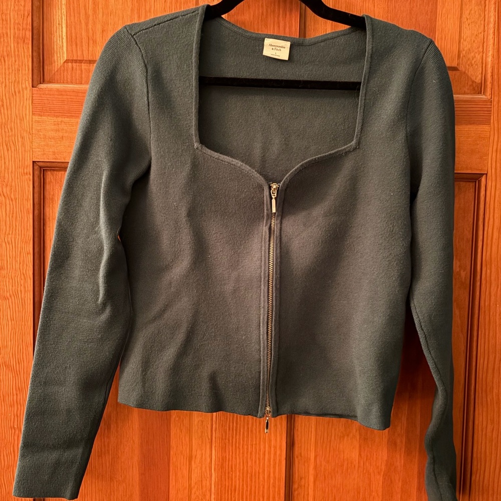 Abercrombie & Fitch Slate Green Square-Neck Zip Sweater